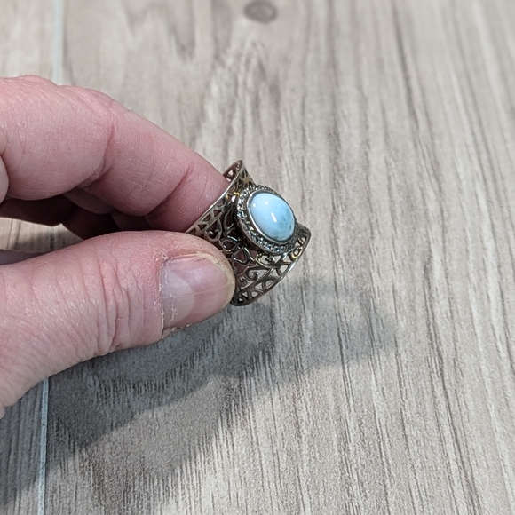 Victorian Larimar Stone CZ & Sterling Silver Laser Cut Heart Wide Band Ring - Picture 6 of 11